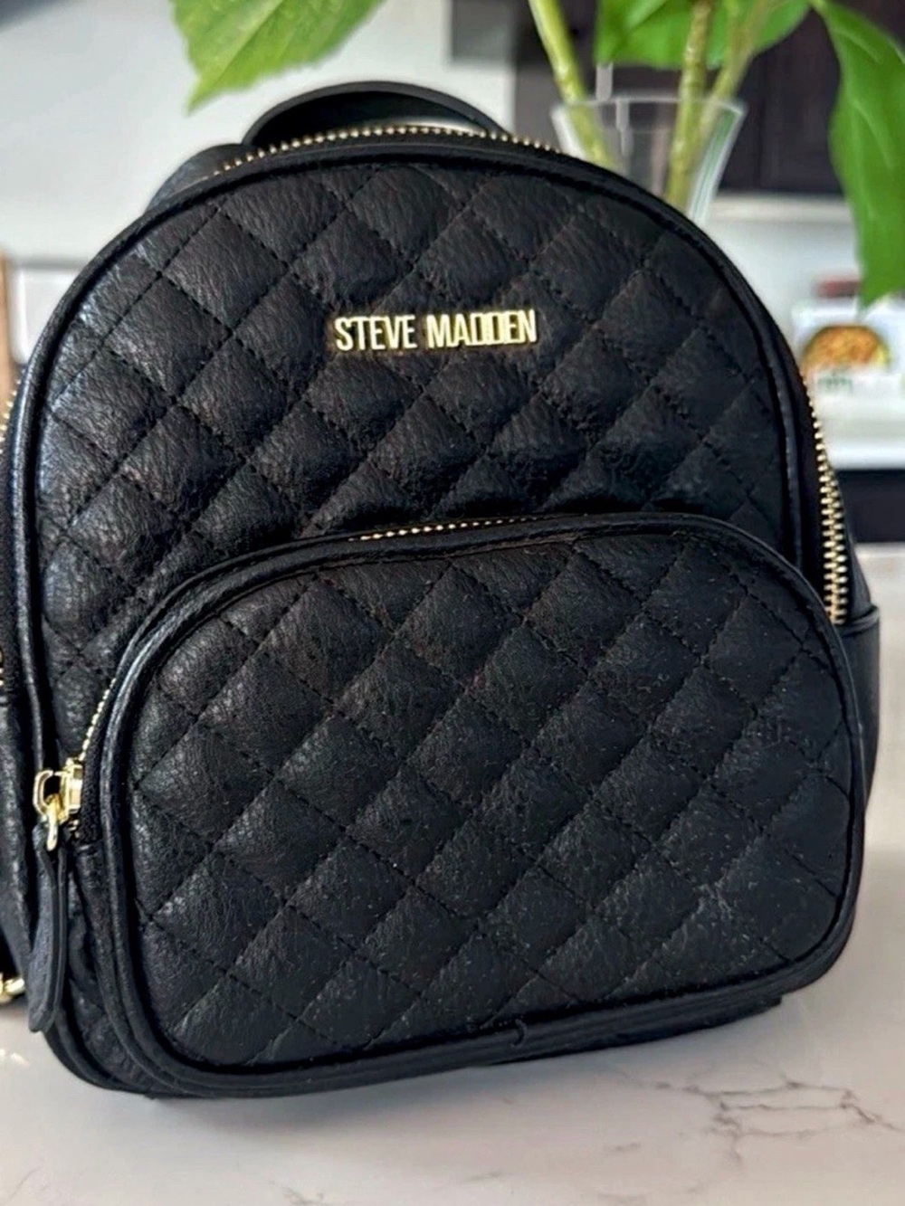 Steve Madden Black Quilted Mini Backpack Zip Closure Gold Hardware Logo NWOT